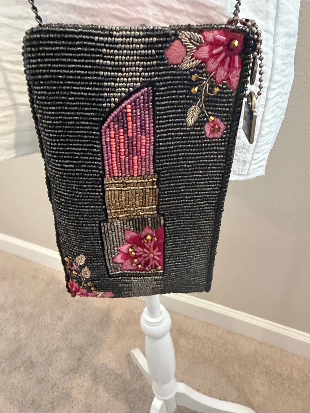 Mary Frances Beaded Lipstick Phone Crossbody Bag Black Floral Hand-Beaded